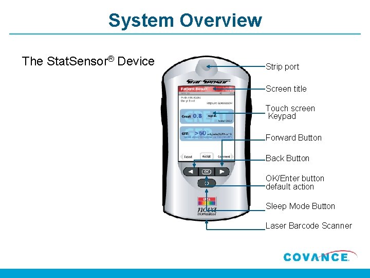 System Overview The Stat. Sensor® Device Strip port Screen title Touch screen Keypad Forward