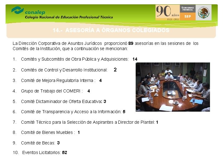 14. - ASESORÍA A ÓRGANOS COLEGIADOS La Dirección Corporativa de Asuntos Jurídicos proporcionó 89