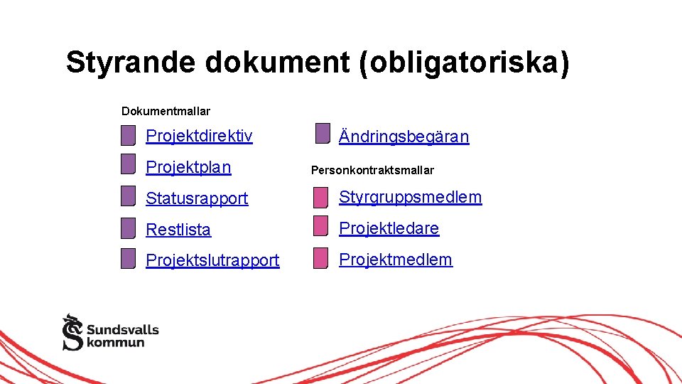 Styrande dokument (obligatoriska) Dokumentmallar Projektdirektiv Projektplan Ändringsbegäran Personkontraktsmallar Statusrapport Styrgruppsmedlem Restlista Projektledare Projektslutrapport Projektmedlem