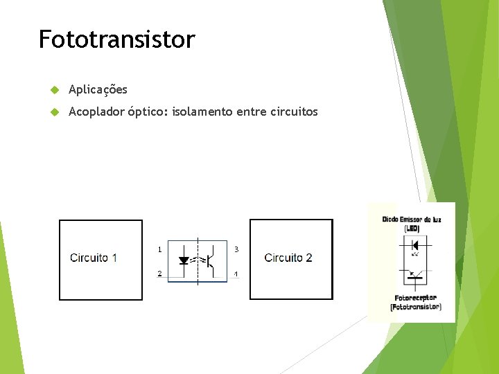 Fototransistor Aplicações Acoplador óptico: isolamento entre circuitos 