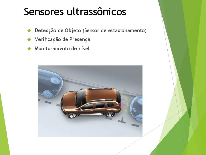 Sensores ultrassônicos Detecção de Objeto (Sensor de estacionamento) Verificação de Presença Monitoramento de nível