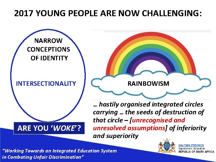 2017 YOUNG PEOPLE ARE NOW CHALLENGING: NARROW CONCEPTIONS OF IDENTITY INTERSECTIONALITY RAINBOWISM … hastily
