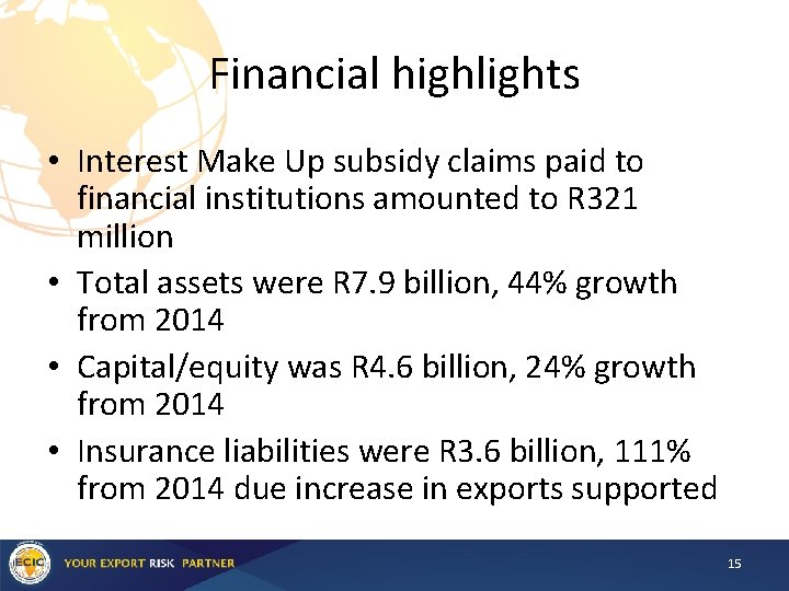 Financial highlights • Interest Make Up subsidy claims paid to financial institutions amounted to