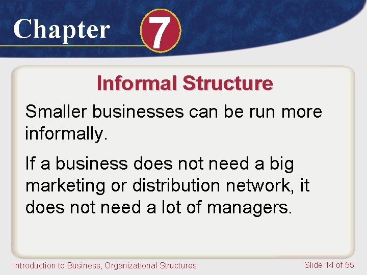 Chapter 7 Informal Structure Smaller businesses can be run more informally. If a business