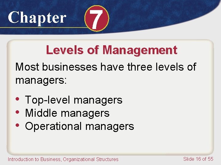 Chapter 7 Levels of Management Most businesses have three levels of managers: • Top-level