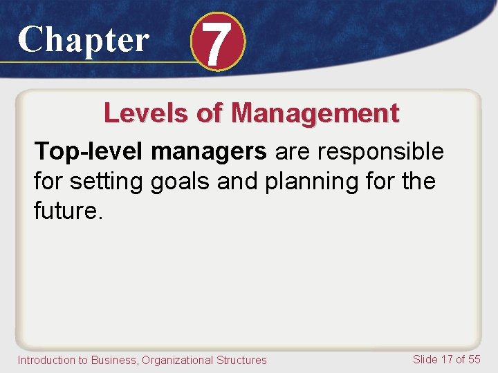 Chapter 7 Levels of Management Top-level managers are responsible for setting goals and planning