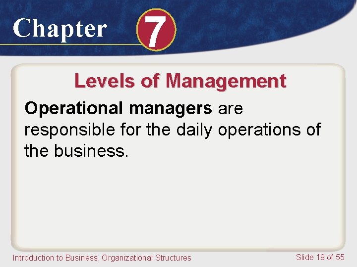 Chapter 7 Levels of Management Operational managers are responsible for the daily operations of