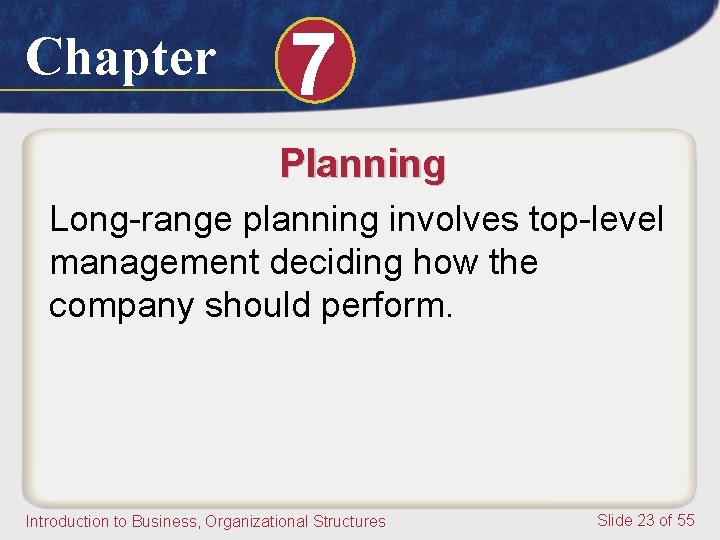 Chapter 7 Planning Long-range planning involves top-level management deciding how the company should perform.