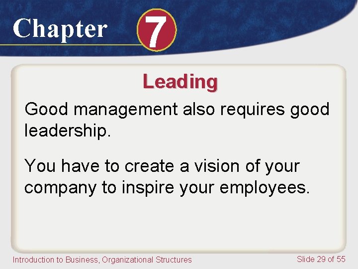 Chapter 7 Leading Good management also requires good leadership. You have to create a