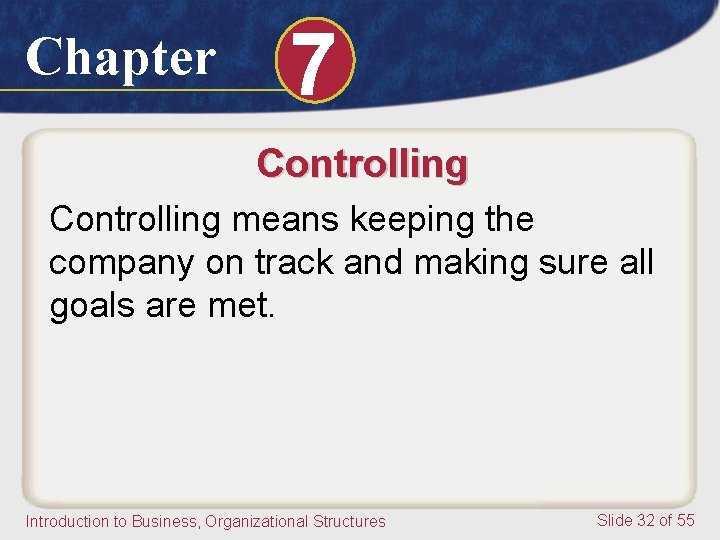 Chapter 7 Controlling means keeping the company on track and making sure all goals