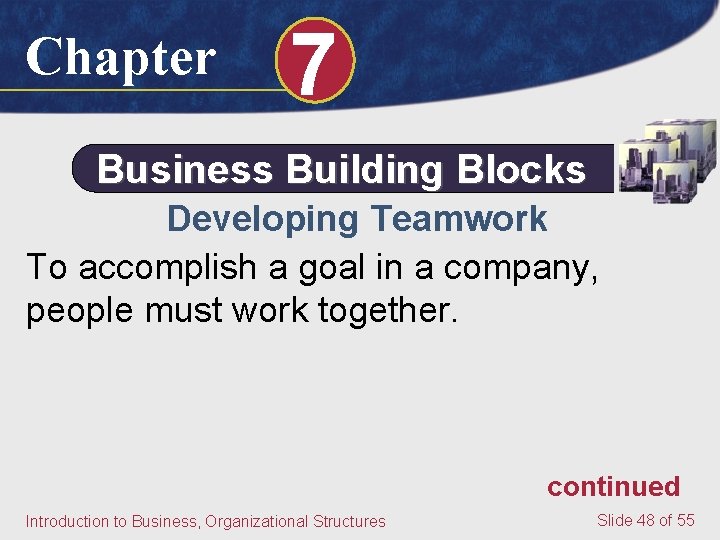 Chapter 7 Business Building Blocks Developing Teamwork To accomplish a goal in a company,