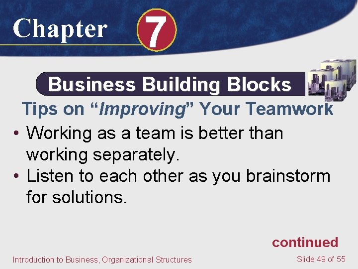 Chapter 7 Business Building Blocks Tips on “Improving” Your Teamwork • Working as a