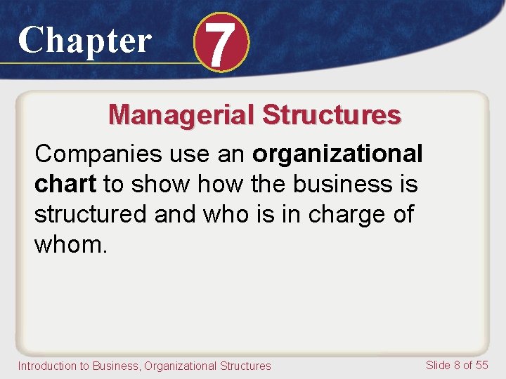 Chapter 7 Managerial Structures Companies use an organizational chart to show the business is