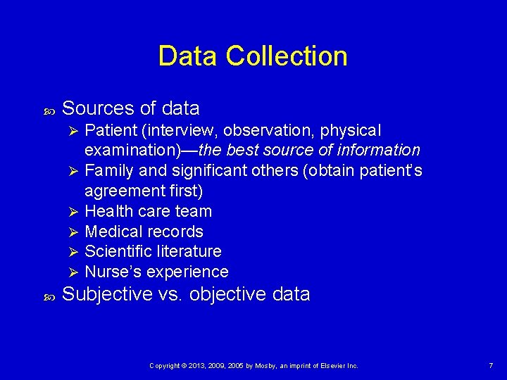 Data Collection Sources of data Patient (interview, observation, physical examination)—the best source of information Data Collection Sources of data Patient (interview, observation, physical examination)—the best source of information