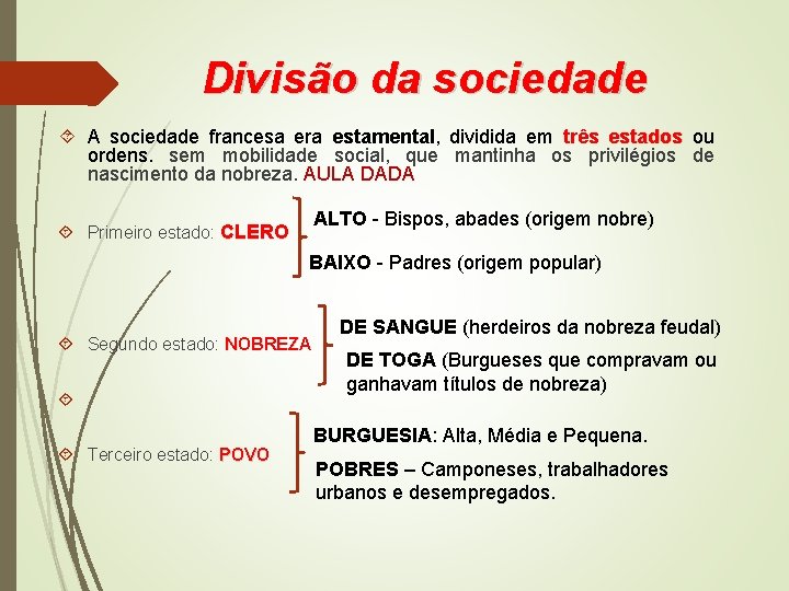 Divisão da sociedade A sociedade francesa era estamental, dividida em três estados ou ordens.