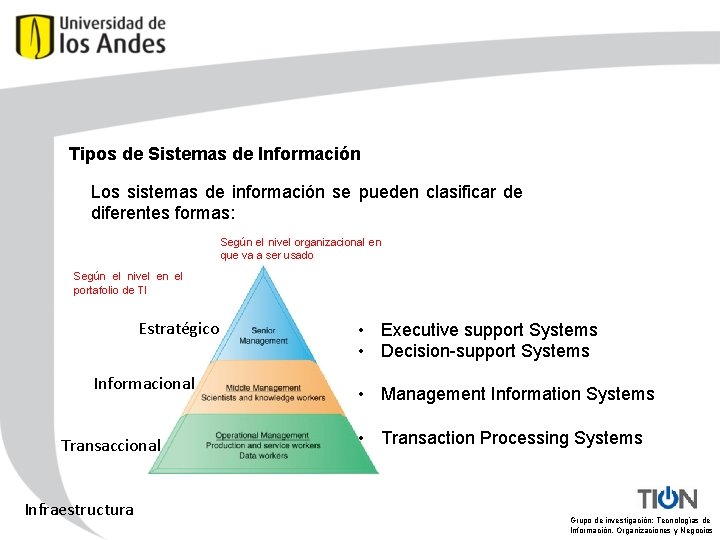 Tipos de Sistemas de Información Los sistemas de información se pueden clasificar de diferentes