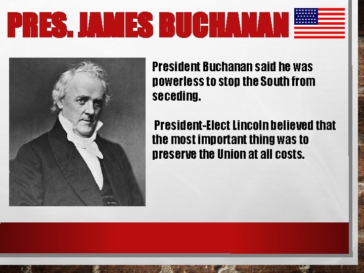 PRES. JAMES BUCHANAN President Buchanan said he was powerless to stop the South from