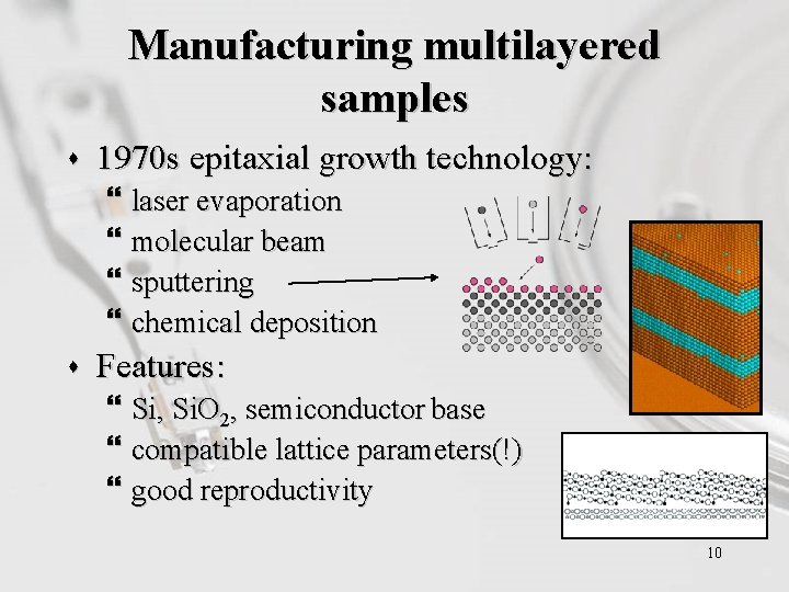 Manufacturing multilayered samples s 1970 s epitaxial growth technology: } laser evaporation } molecular