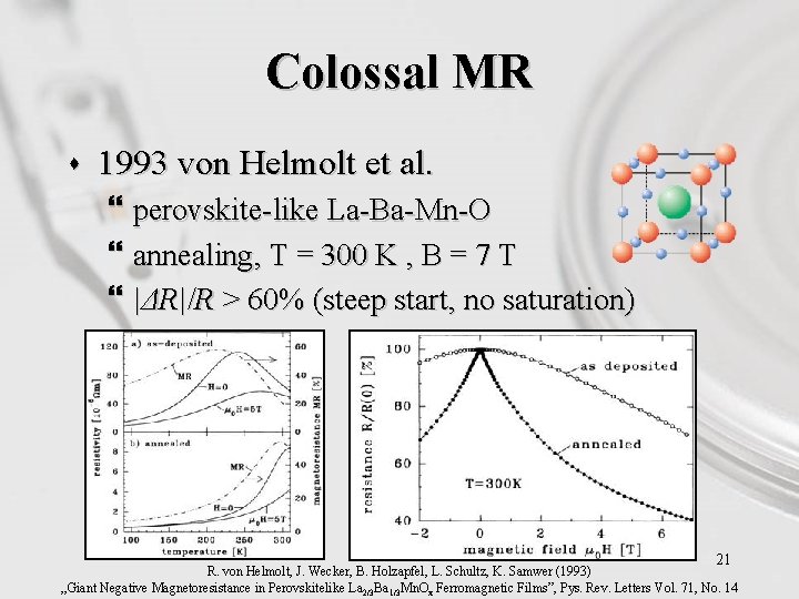 Colossal MR s 1993 von Helmolt et al. } perovskite-like La-Ba-Mn-O } annealing, T