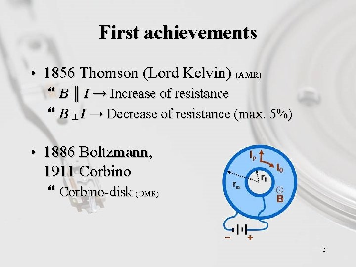 First achievements s 1856 Thomson (Lord Kelvin) (AMR) } B ║ I → Increase