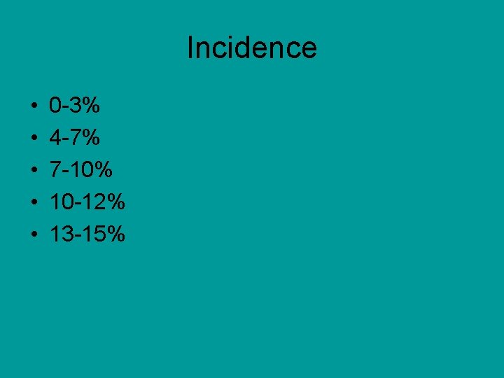 Incidence • • • 0 -3% 4 -7% 7 -10% 10 -12% 13 -15%