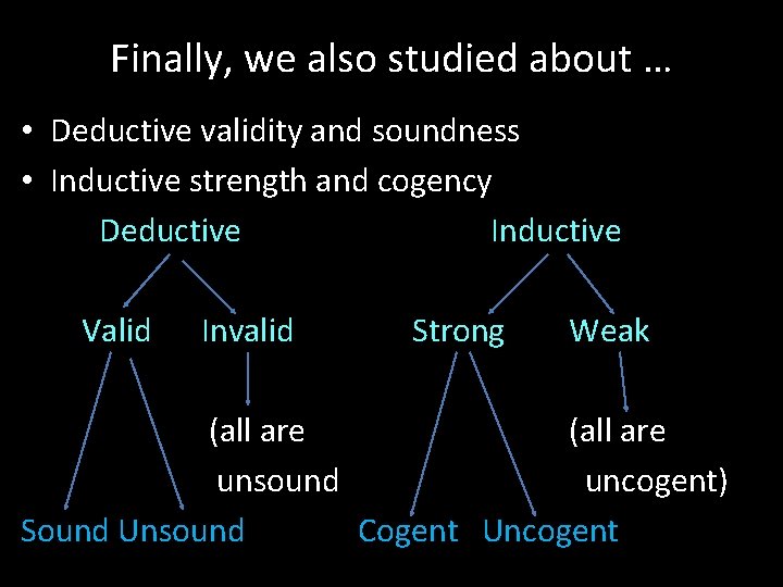 Finally, we also studied about … • Deductive validity and soundness • Inductive strength