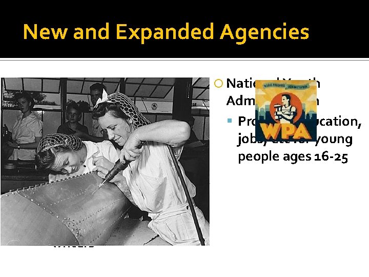 New and Expanded Agencies Works Progress Administration (WPA) Built or improved playgrounds, schools, hospitals, New and Expanded Agencies Works Progress Administration (WPA) Built or improved playgrounds, schools, hospitals,