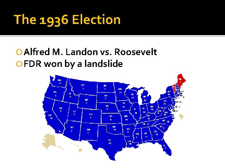 The 1936 Election Alfred M. Landon vs. Roosevelt FDR won by a landslide The 1936 Election Alfred M. Landon vs. Roosevelt FDR won by a landslide