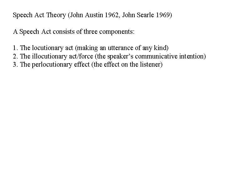 Speech Act Theory (John Austin 1962, John Searle 1969) A Speech Act consists of Speech Act Theory (John Austin 1962, John Searle 1969) A Speech Act consists of