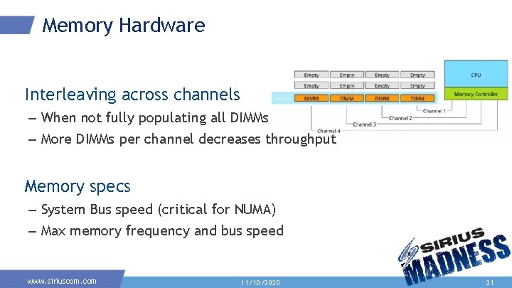 Memory Hardware Interleaving across channels – When not fully populating all DIMMs – More Memory Hardware Interleaving across channels – When not fully populating all DIMMs – More