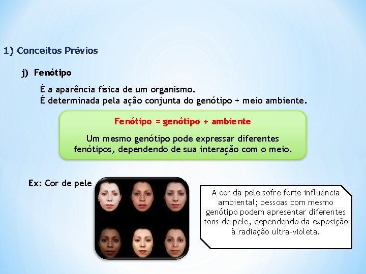 1) Conceitos Prévios j) Fenótipo É a aparência física de um organismo. É determinada