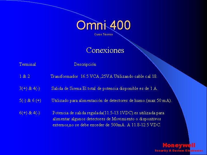 Omni 400 Curso Técnico Conexiones Terminal Descripción 1&2 Transformador 16. 5 VCA , 25 Omni 400 Curso Técnico Conexiones Terminal Descripción 1&2 Transformador 16. 5 VCA , 25