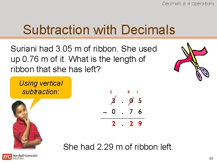 Decimals & 4 Operations Subtraction with Decimals Suriani had 3. 05 m of ribbon.