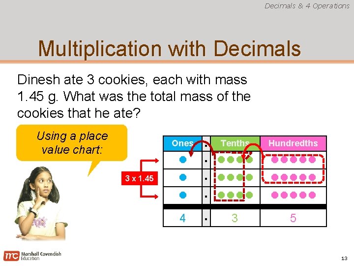 Decimals & 4 Operations Multiplication with Decimals Dinesh ate 3 cookies, each with mass