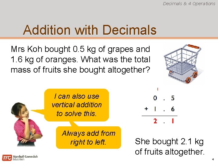 Decimals & 4 Operations Addition with Decimals Mrs Koh bought 0. 5 kg of