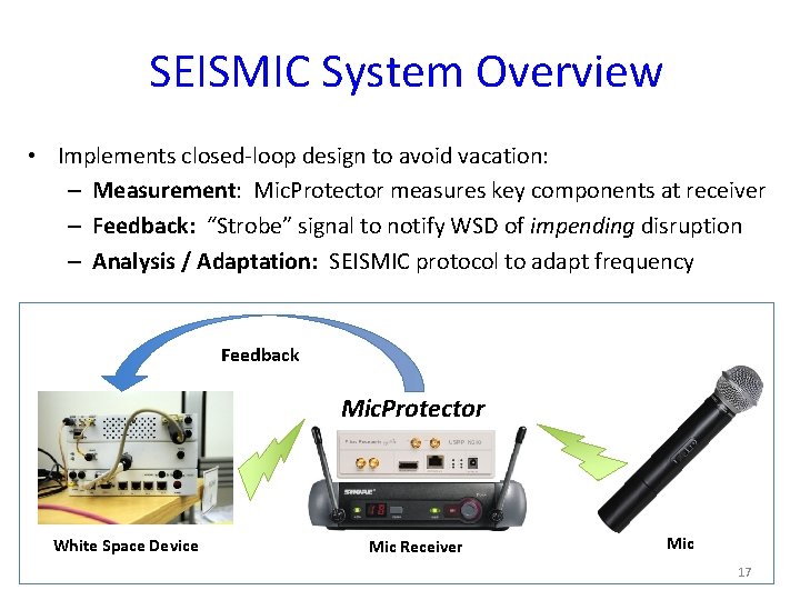 SEISMIC System Overview • Implements closed-loop design to avoid vacation: – Measurement: Mic. Protector