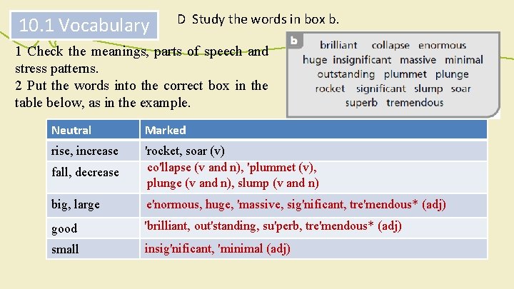 10. 1 Vocabulary D Study the words in box b. 1 Check the meanings, 10. 1 Vocabulary D Study the words in box b. 1 Check the meanings,