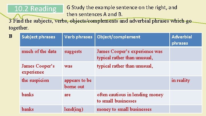 10. 2 Reading G Study the example sentence on the right, and then sentences 10. 2 Reading G Study the example sentence on the right, and then sentences