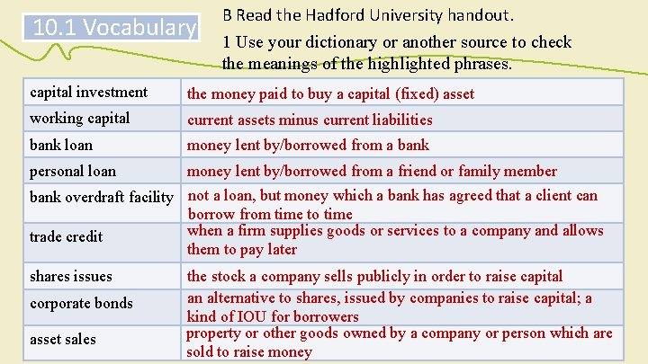 10. 1 Vocabulary B Read the Hadford University handout. 1 Use your dictionary or 10. 1 Vocabulary B Read the Hadford University handout. 1 Use your dictionary or