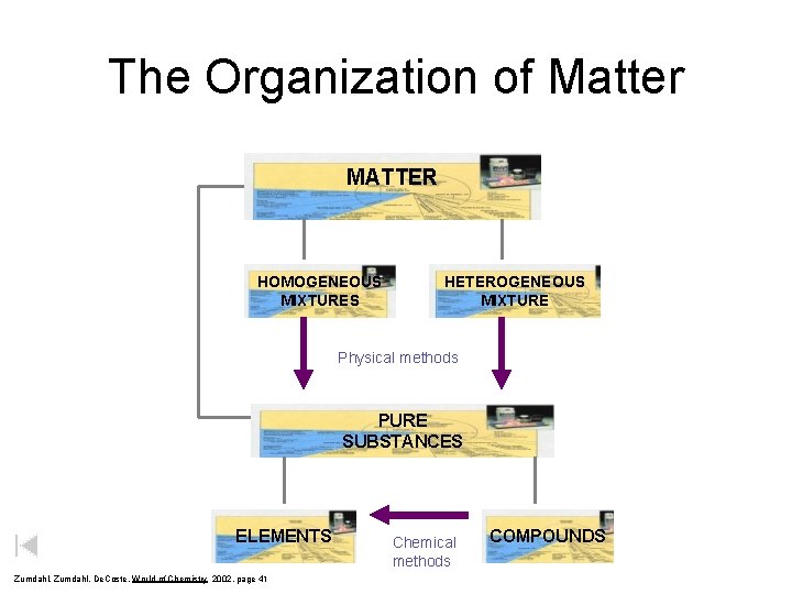 The Organization of Matter MATTER HOMOGENEOUS MIXTURES HETEROGENEOUS MIXTURE Physical methods PURE SUBSTANCES ELEMENTS