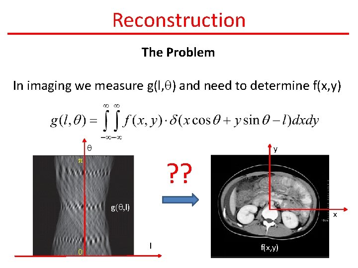 Reconstruction The Problem In imaging we measure g(l, q) and need to determine f(x,
