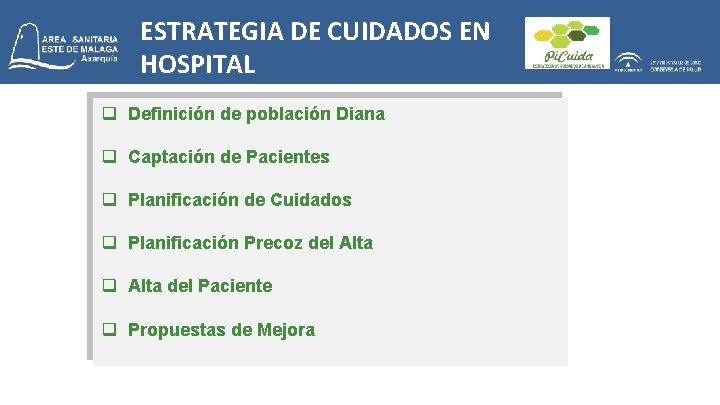 ESTRATEGIA DE CUIDADOS EN HOSPITAL q Definición de población Diana q Captación de Pacientes