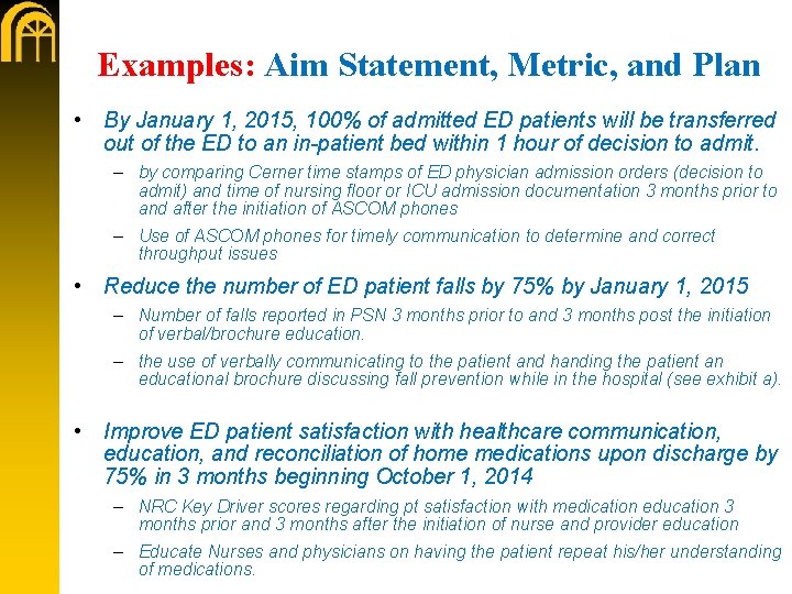 Examples: Aim Statement, Metric, and Plan • By January 1, 2015, 100% of admitted