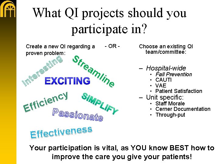 What QI projects should you participate in? Create a new QI regarding a proven