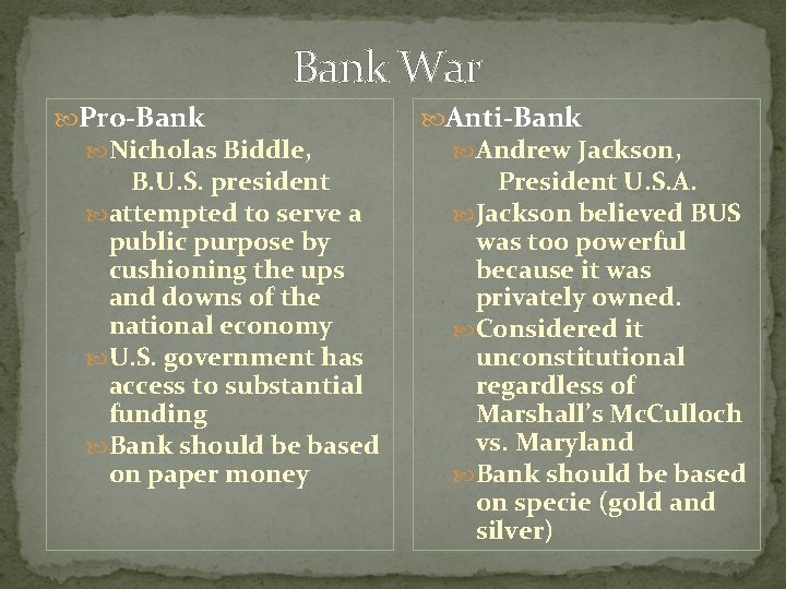 Bank War Pro-Bank Nicholas Biddle, B. U. S. president attempted to serve a public