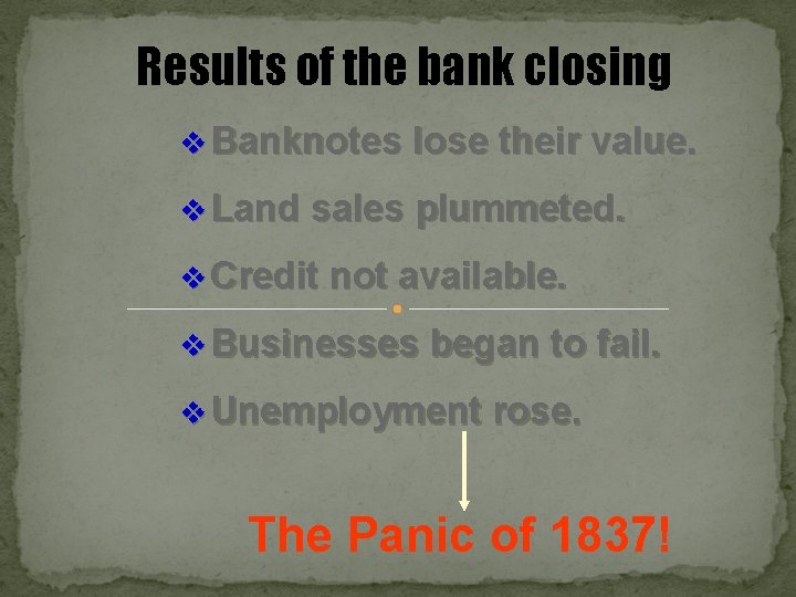 Results of the bank closing v Banknotes lose their value. v Land sales plummeted.