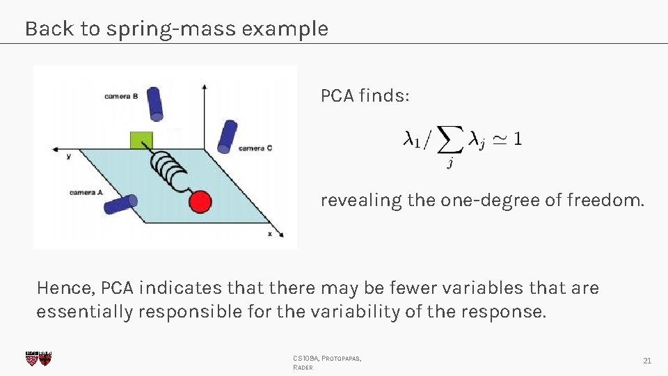 Back to spring-mass example PCA finds: revealing the one-degree of freedom. Hence, PCA indicates