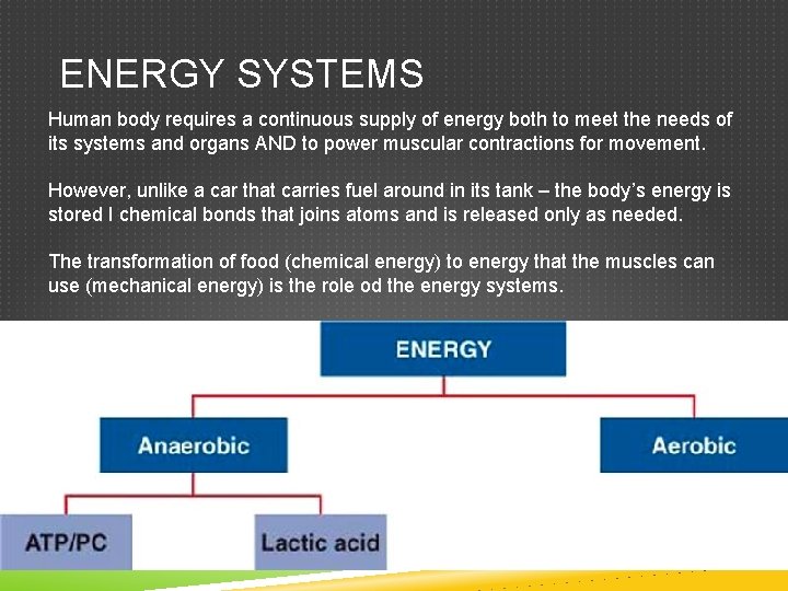 ENERGY SYSTEMS Human body requires a continuous supply of energy both to meet the