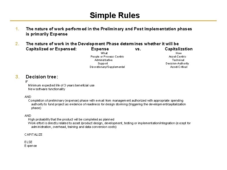 Simple Rules 1. The nature of work performed in the Preliminary and Post Implementation