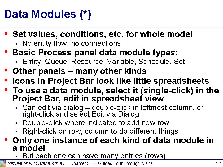 Data Modules (*) • • • Set values, conditions, etc. for whole model §